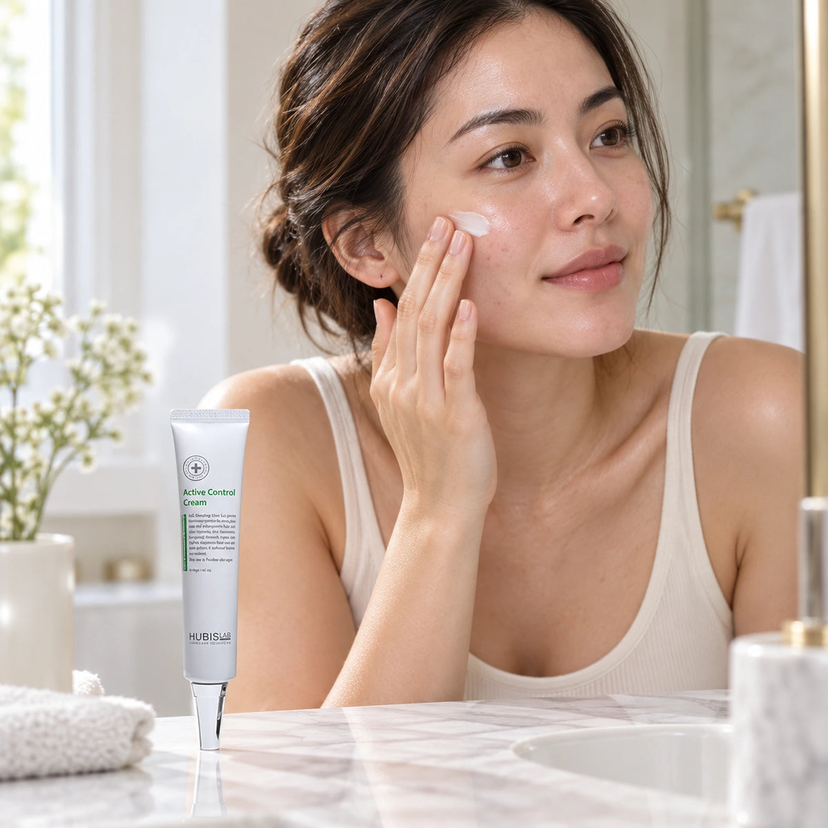 Woman applying cream with the Active Control Cream 40 g retail tube on the vanity