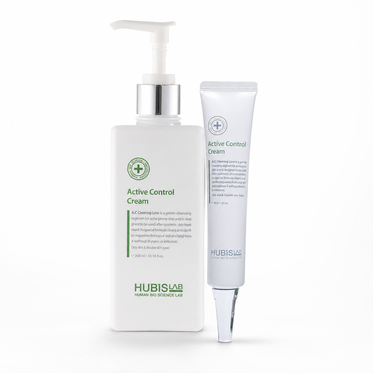 Hubislab Active Control Cream retail and professional variant image showing the 40g retail tube and 300ml professional pump bottle together on a clean white background.