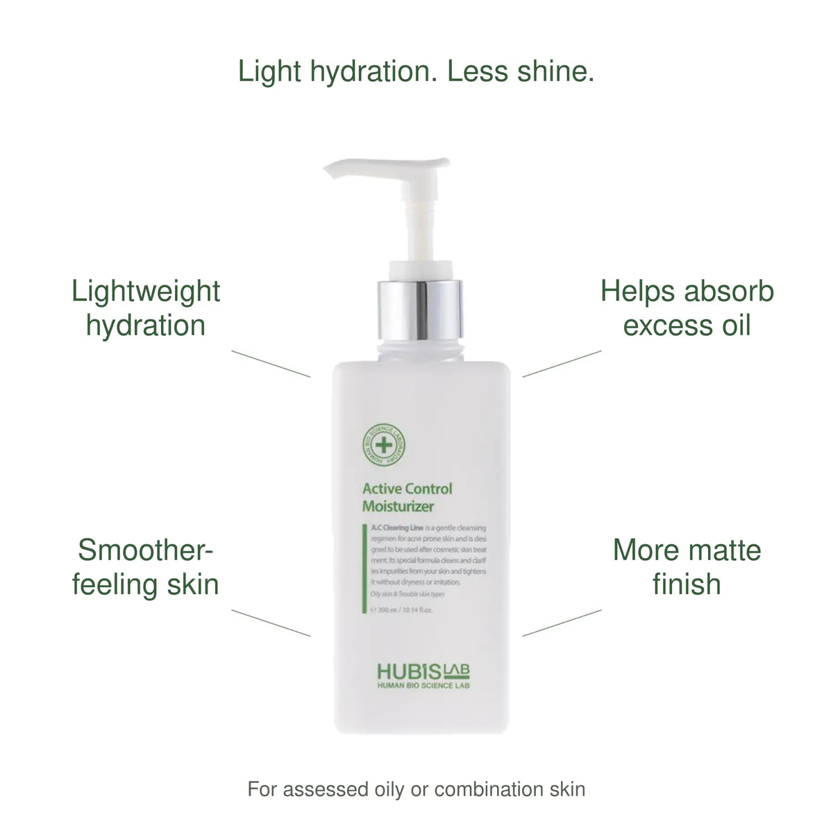 HUBISLAB Active Control Moisturiser benefits: Lightweight hydration, Helps absorb excess oil, Smoother-feeling skin, More matte finish. For assessed oily or combination skin.