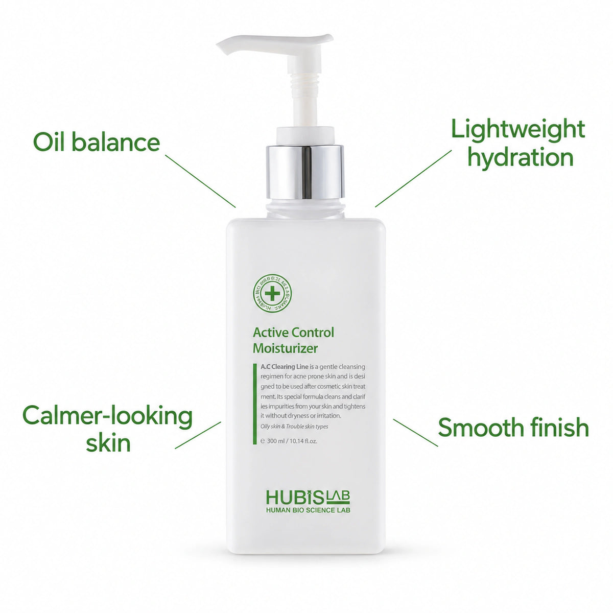 Active Control Moisturiser with oil balance, lightweight hydration, calmer-looking skin and smooth finish callouts.