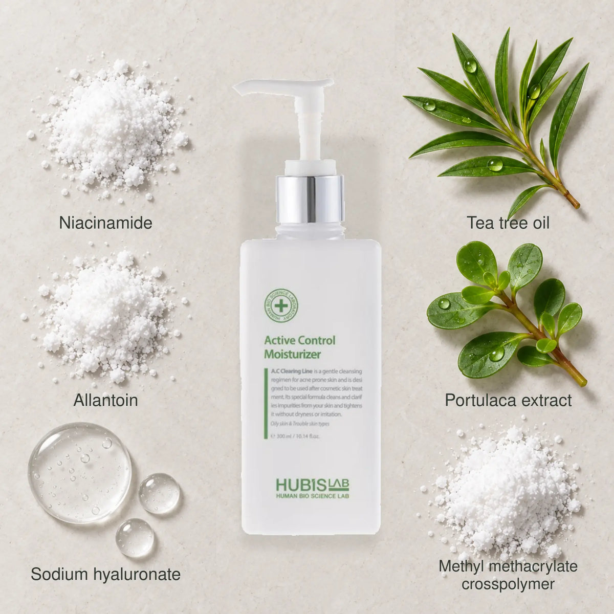 HUBISLAB Active Control Moisturiser with an illustrative composition of Niacinamide, Tea tree oil, Allantoin, Portulaca extract, Sodium hyaluronate, Methyl methacrylate crosspolymer.