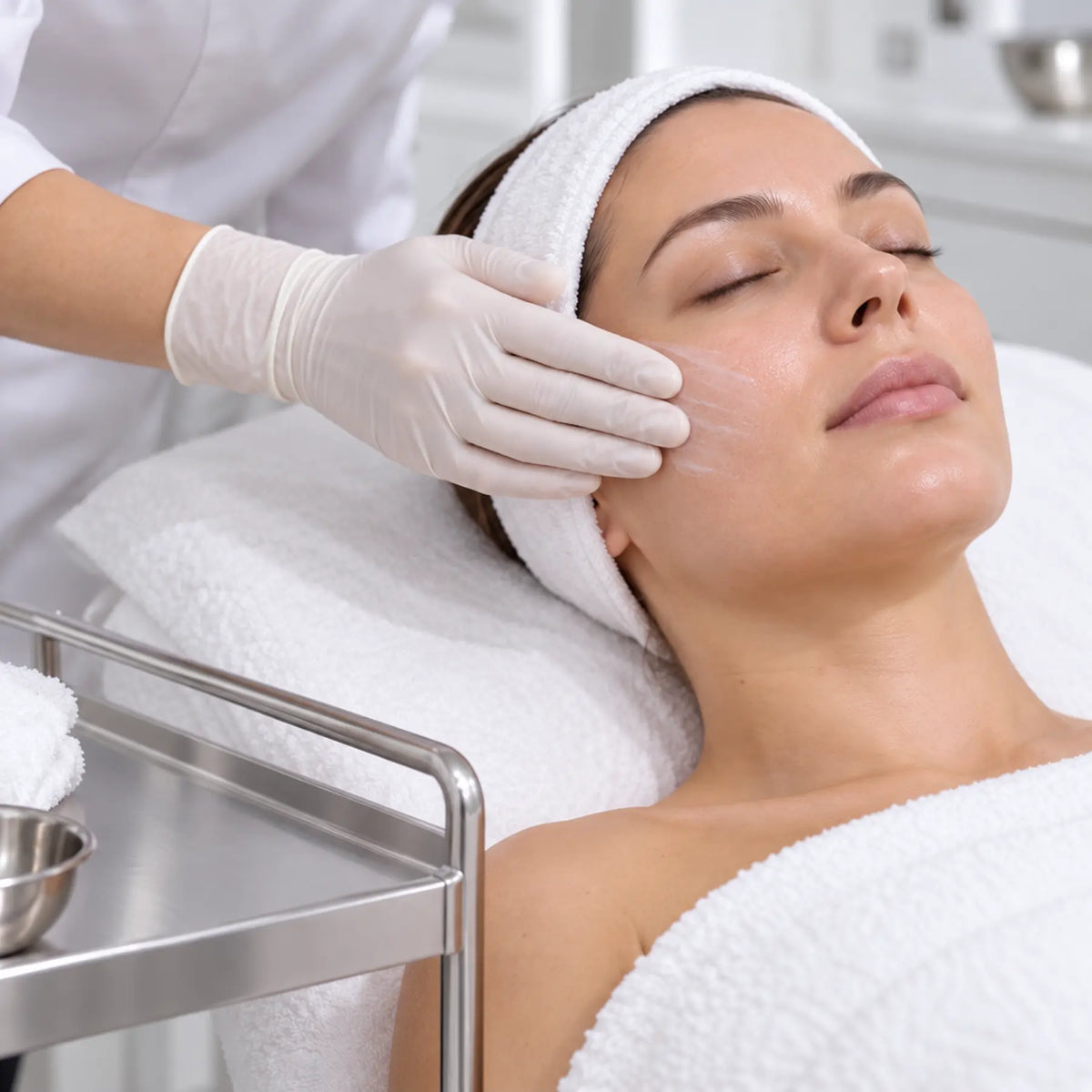 Therapist gently spreading a thin layer of lightweight moisturiser over the client’s cheek during facial finishing.