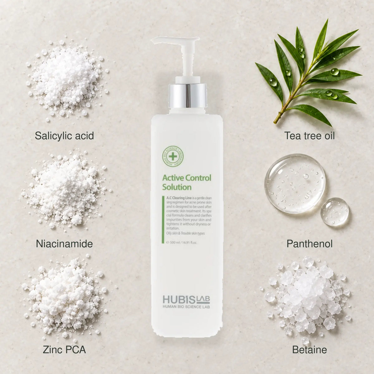 HUBISLAB Active Control Solution with an illustrative composition of Salicylic acid, Tea tree oil, Niacinamide, Panthenol, Zinc PCA, Betaine.