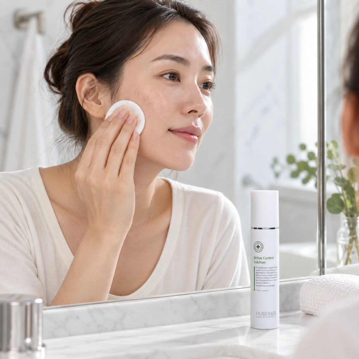 Woman using a cotton pad with Active Control Solution 120 ml retail presentation