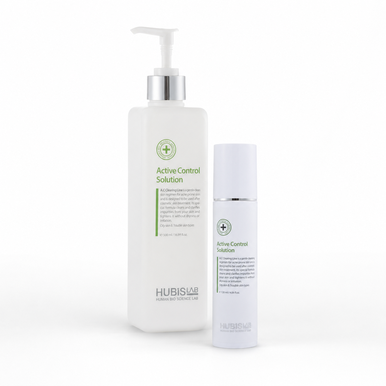 Hubislab Active Control Solution retail and professional variant image showing the 120ml retail bottle and 500ml professional pump bottle together on a clean white background.