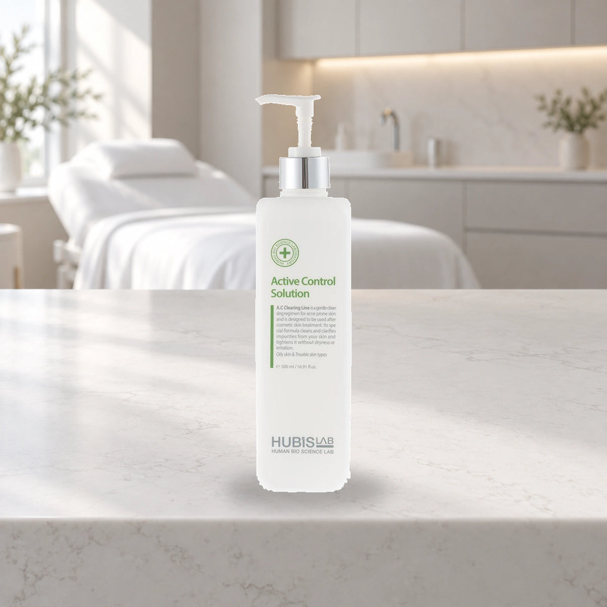 HUBISLAB active control solution professional bottle on a counter in an unbranded treatment room.