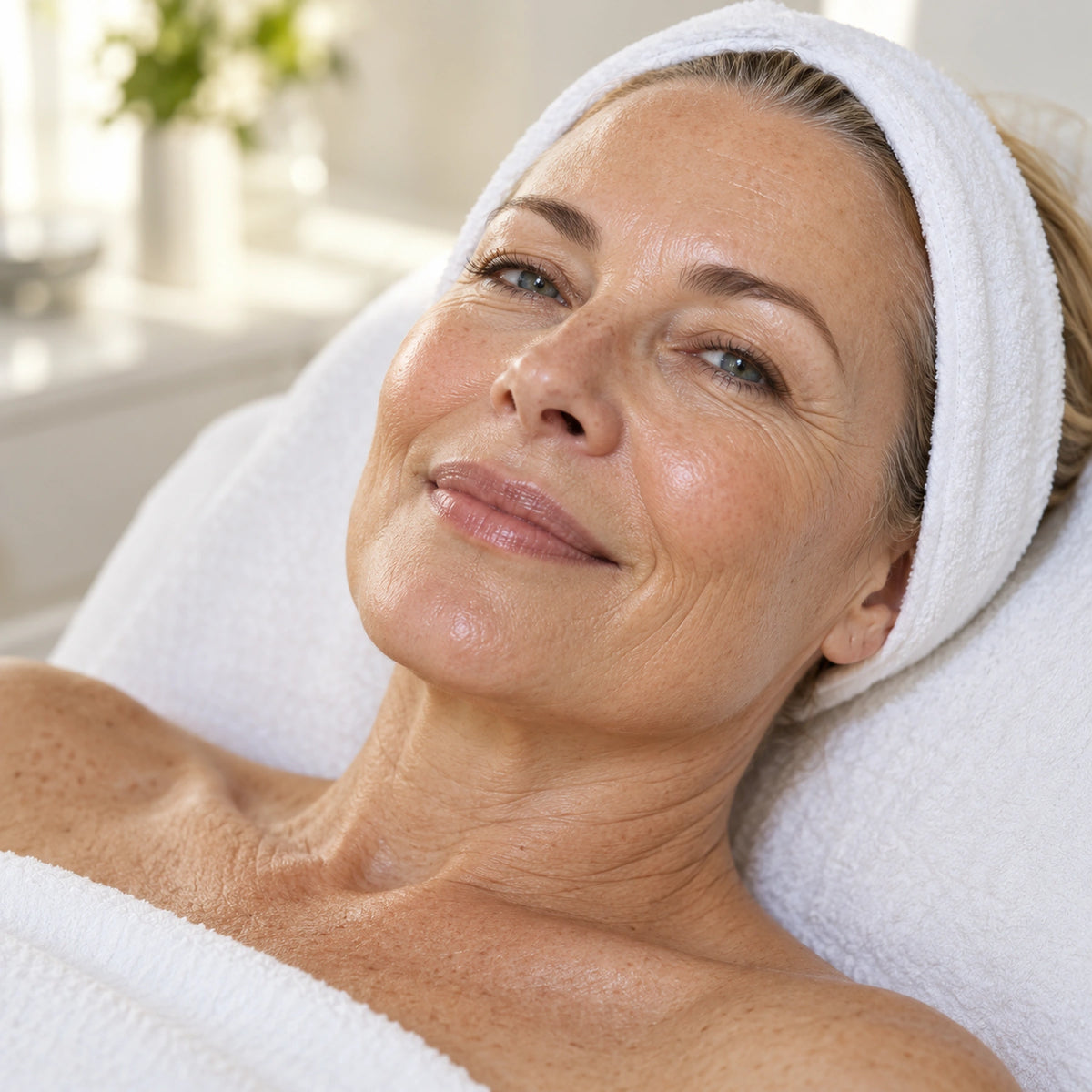 Illustrative client resting after a facial, with natural skin texture and a white towel headband.