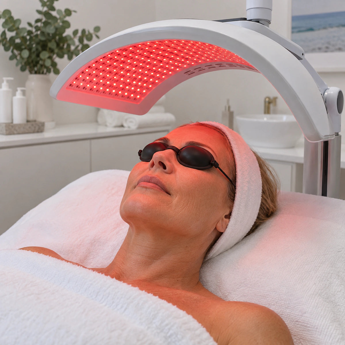 Illustrative red LED facial stage with a reclined client wearing protective eye goggles.