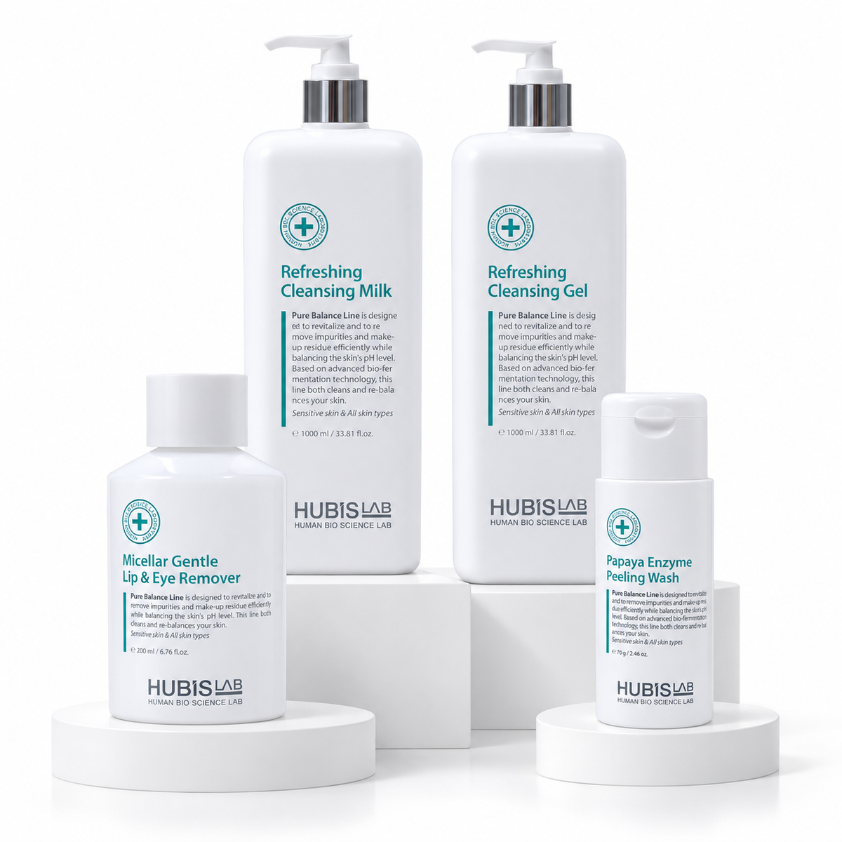 HUBISLAB Age-Management preparation products: Micellar Remover 200ml, Cleansing Milk 1000ml, Cleansing Gel 1000ml and Papaya Enzyme Wash 70g.