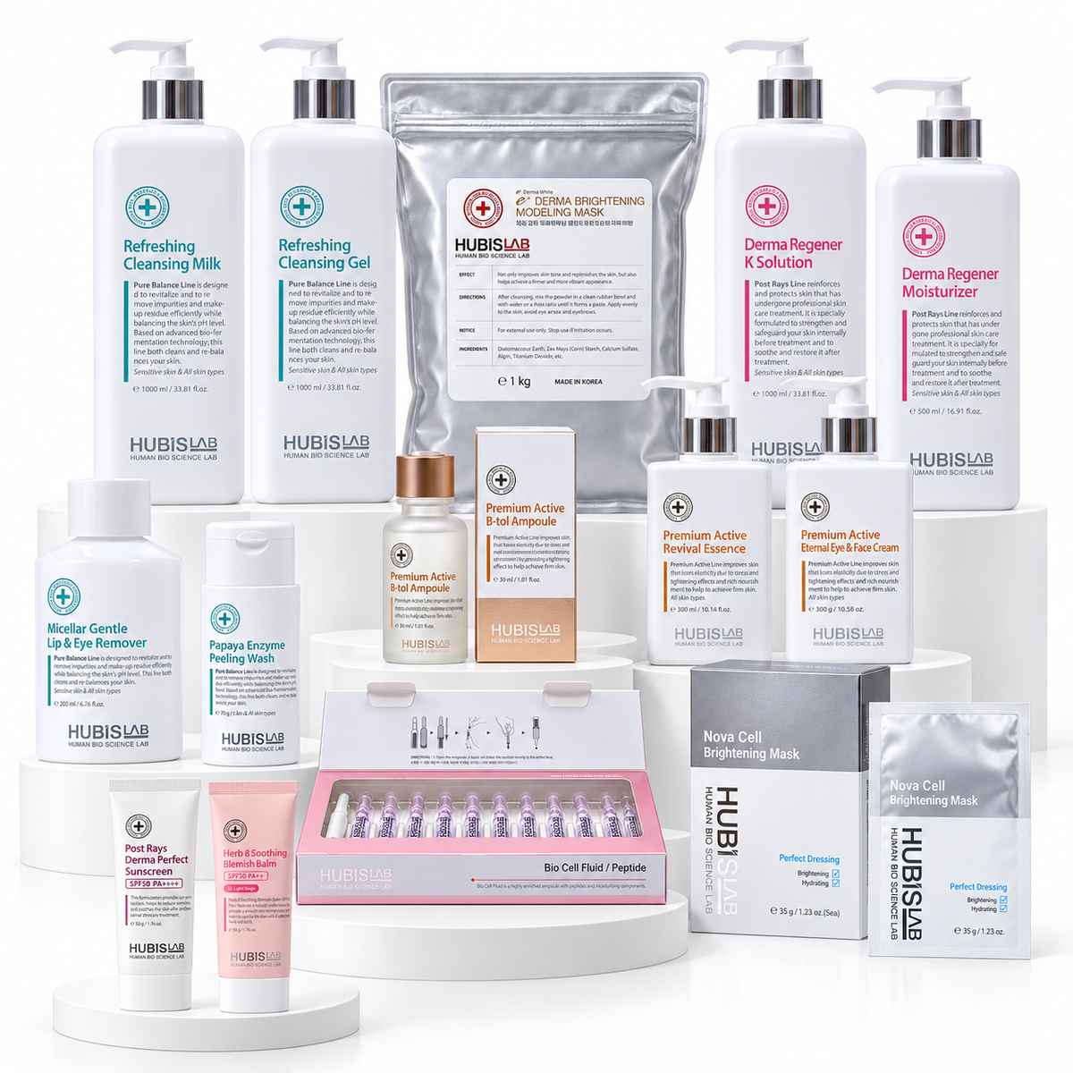 All 14 HUBISLAB Age-Management Treatment products, including professional cleansers, B-tol and Bio Cell concentrate options, masks, moisturisers and daytime finishing products.