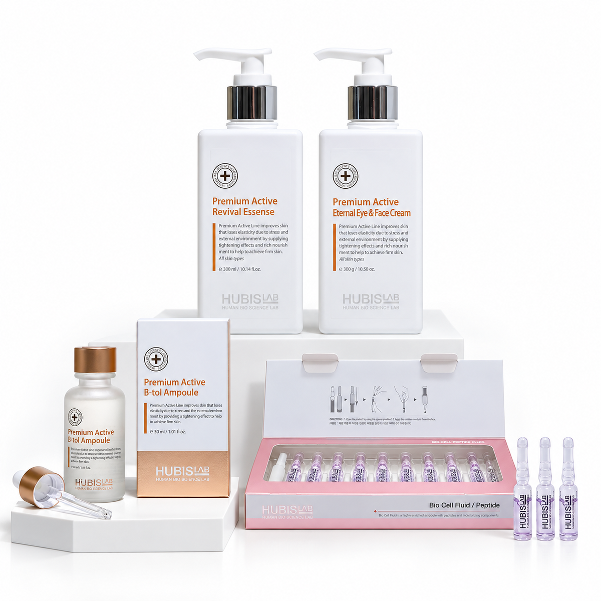HUBISLAB Age-Management core products: B-tol Ampoule 30ml, Bio Cell Peptide Fluid 12 x 2ml, Revival Essence 300ml and Eternal Eye and Face Cream 300g.