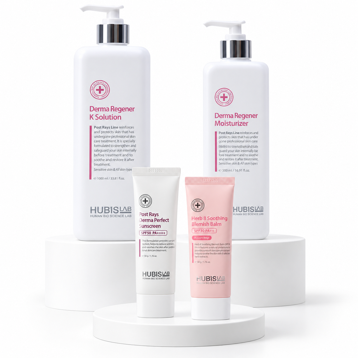 HUBISLAB Age-Management finishing products: Derma Regener K Solution 1000ml, Derma Regener Moisturizer 500ml, Derma Perfect Sunscreen SPF50 50g and Herb 8 Blemish Balm SPF30 50g.