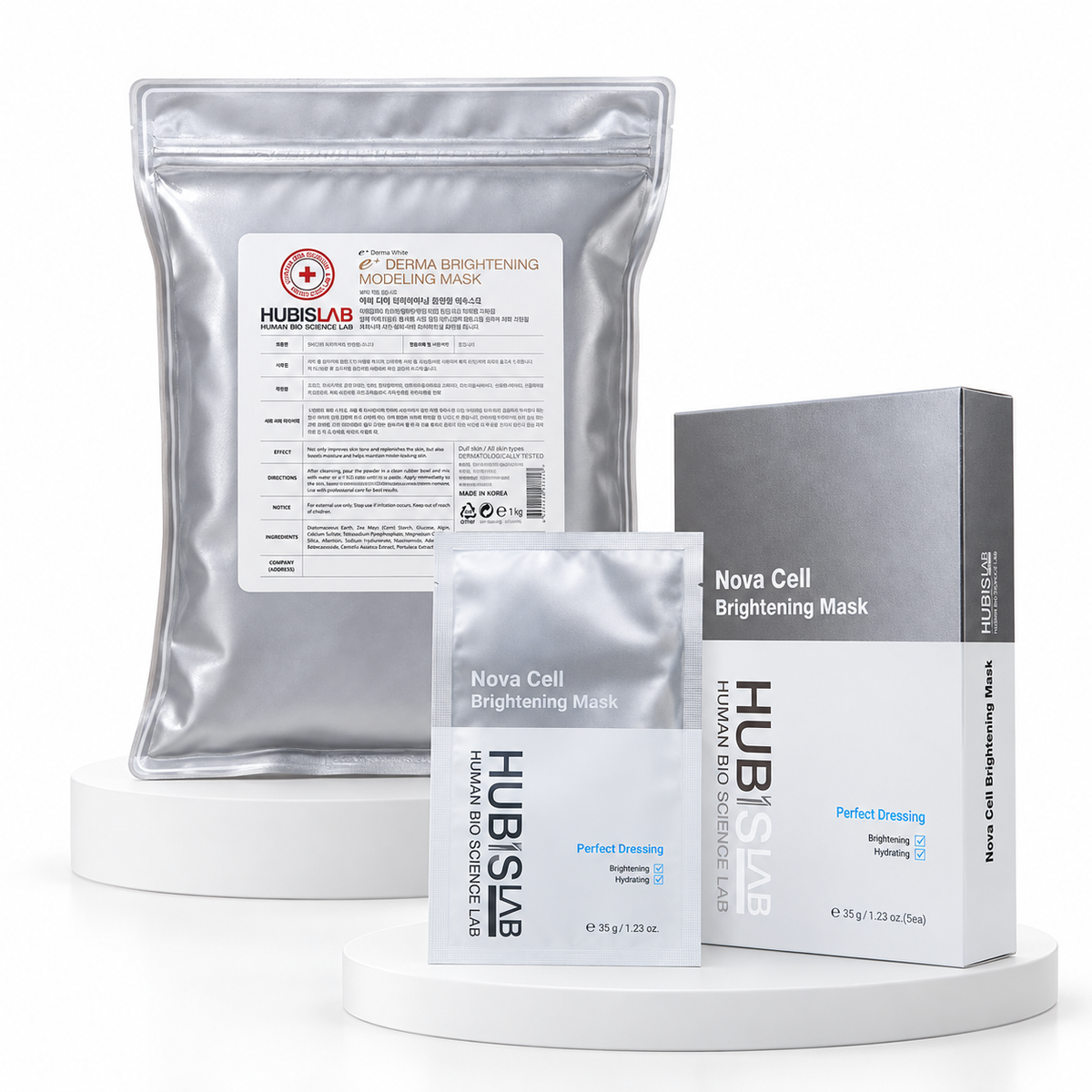 HUBISLAB Age-Management mask products: Brightening Modeling Mask 1kg and Nova Cell Brightening Mask 5 x 35g.