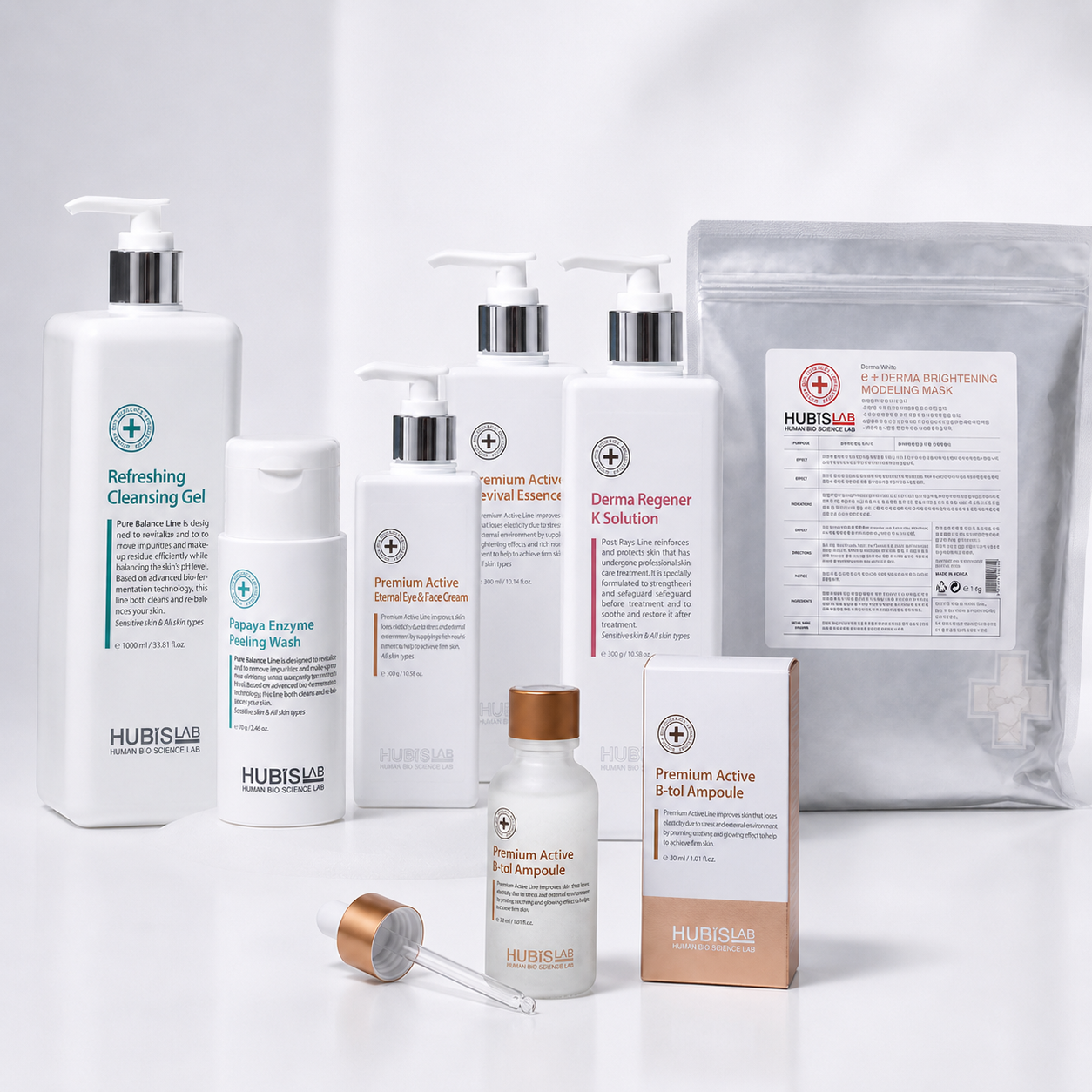 Hubislab Antioxidant Program for Anti-Glycation Treatment complete professional skincare system with B-tol Ampoule, modelling mask and supporting treatment products.