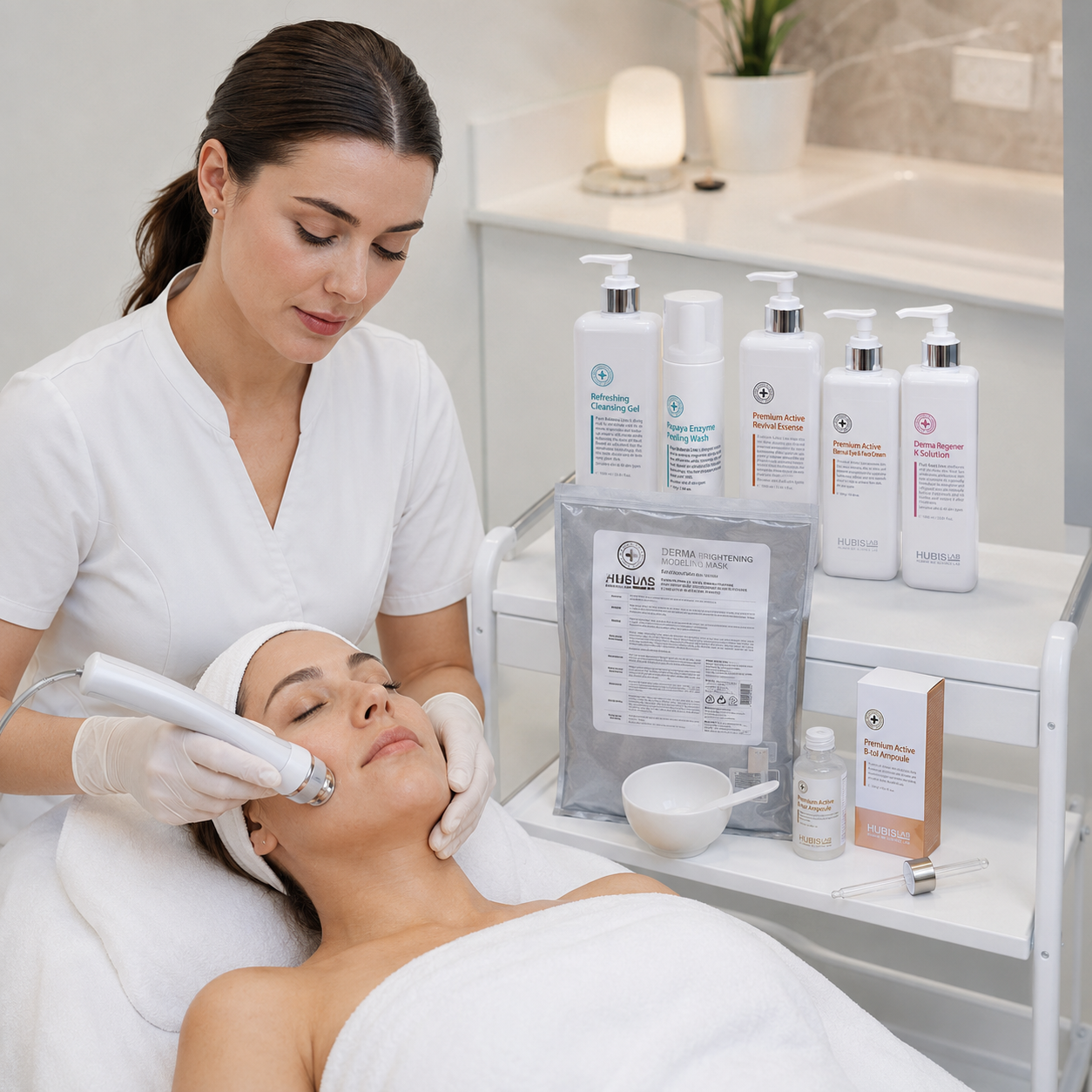 Therapist performing the Hubislab Antioxidant Program treatment on a female client using a handheld infusion device, with B-tol Ampoule, modelling mask and supporting treatment products displayed on a clinical trolley.