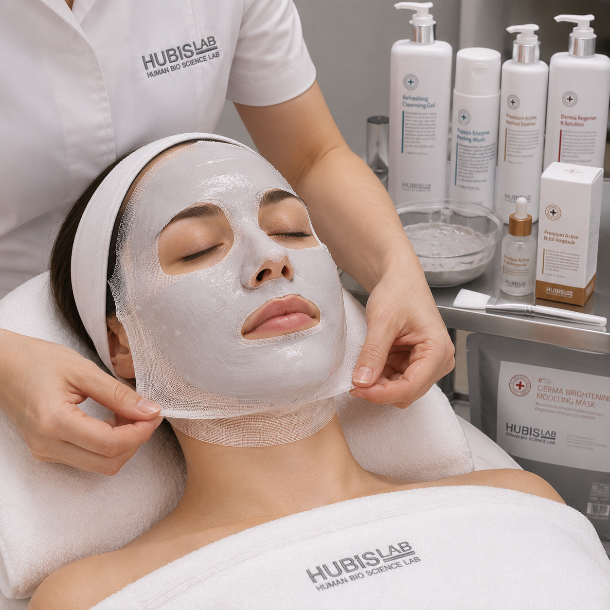 Therapist applying the Hubislab e+ Derma Brightening Modelling Mask over facial gauze and lifting it around the jawline during the professional Antioxidant Program treatment.