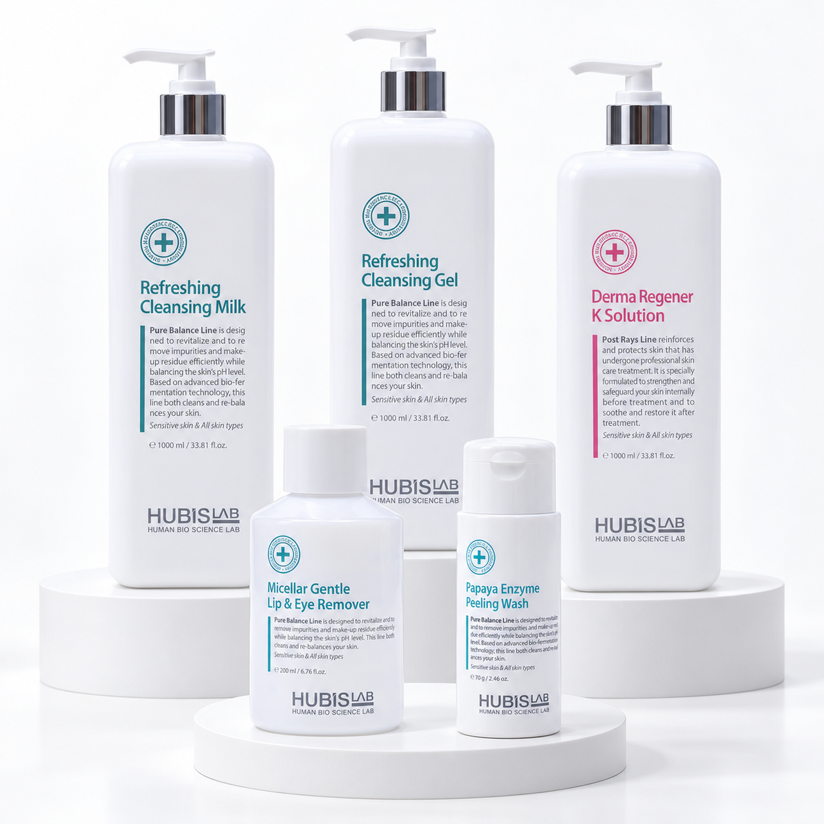 HUBISLAB Antioxidant Program preparation products: Micellar Remover 200ml, Cleansing Milk 1000ml, Cleansing Gel 1000ml, Papaya Enzyme Wash 70g and K Solution 1000ml.