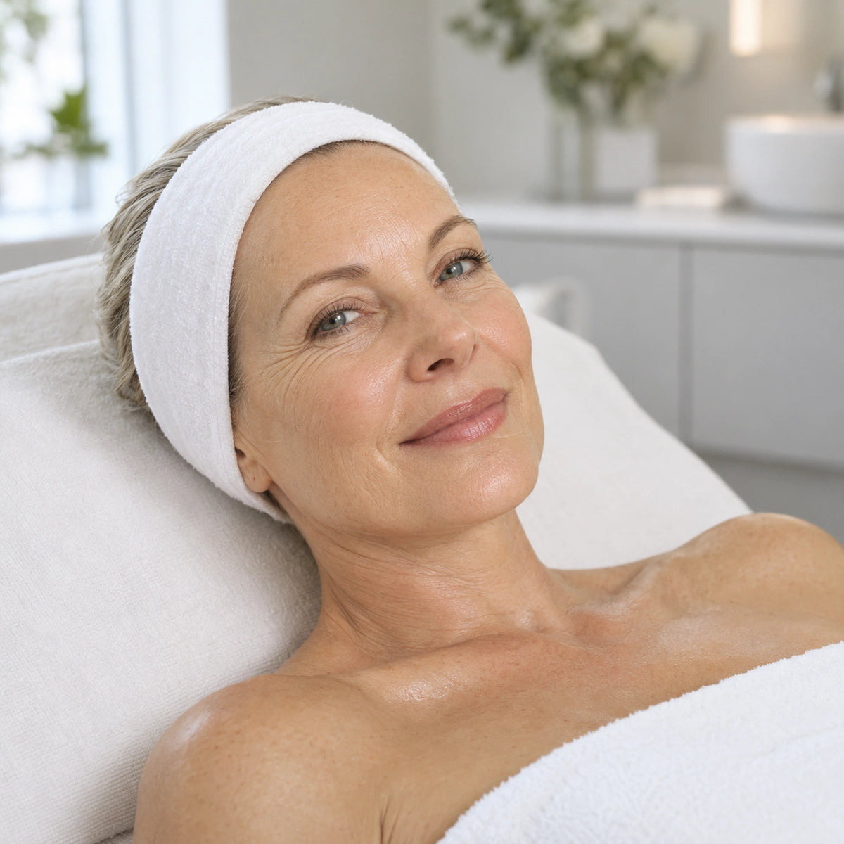 Illustrative mature client resting on a treatment bed at the end of a professional facial.