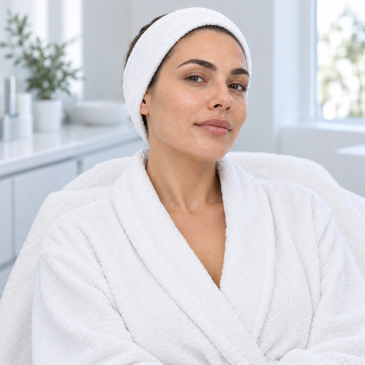 Client portrait in a white robe and headband after a professional facial.