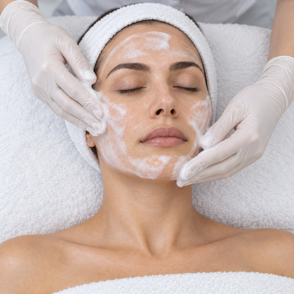 Therapist working foam over treated facial areas during the neutralisation stage.