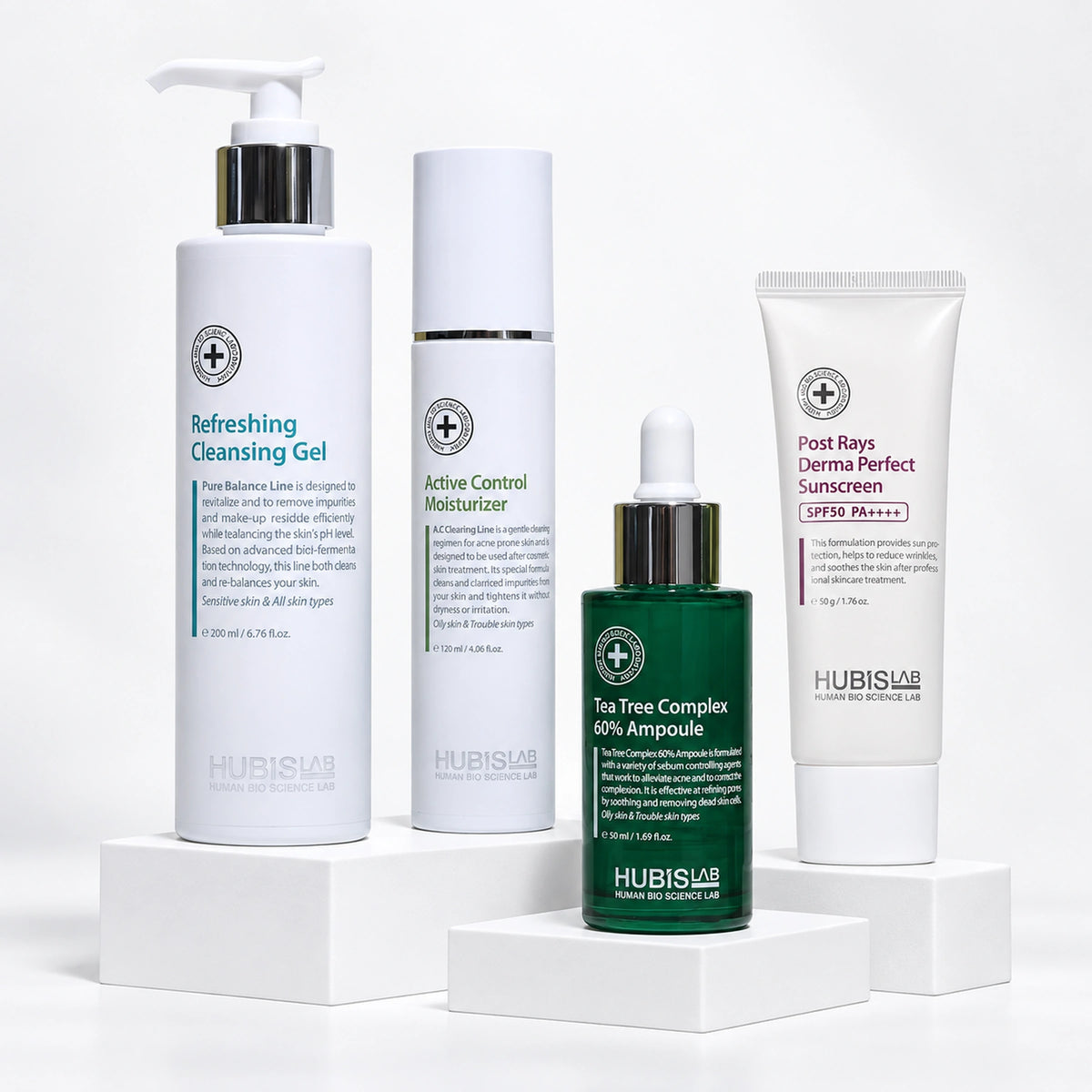 Retail homecare collection: Cleansing Gel 200 ml, Active Control Moisturiser 120 ml, Tea Tree Ampoule 50 ml and Sunscreen 50 g.