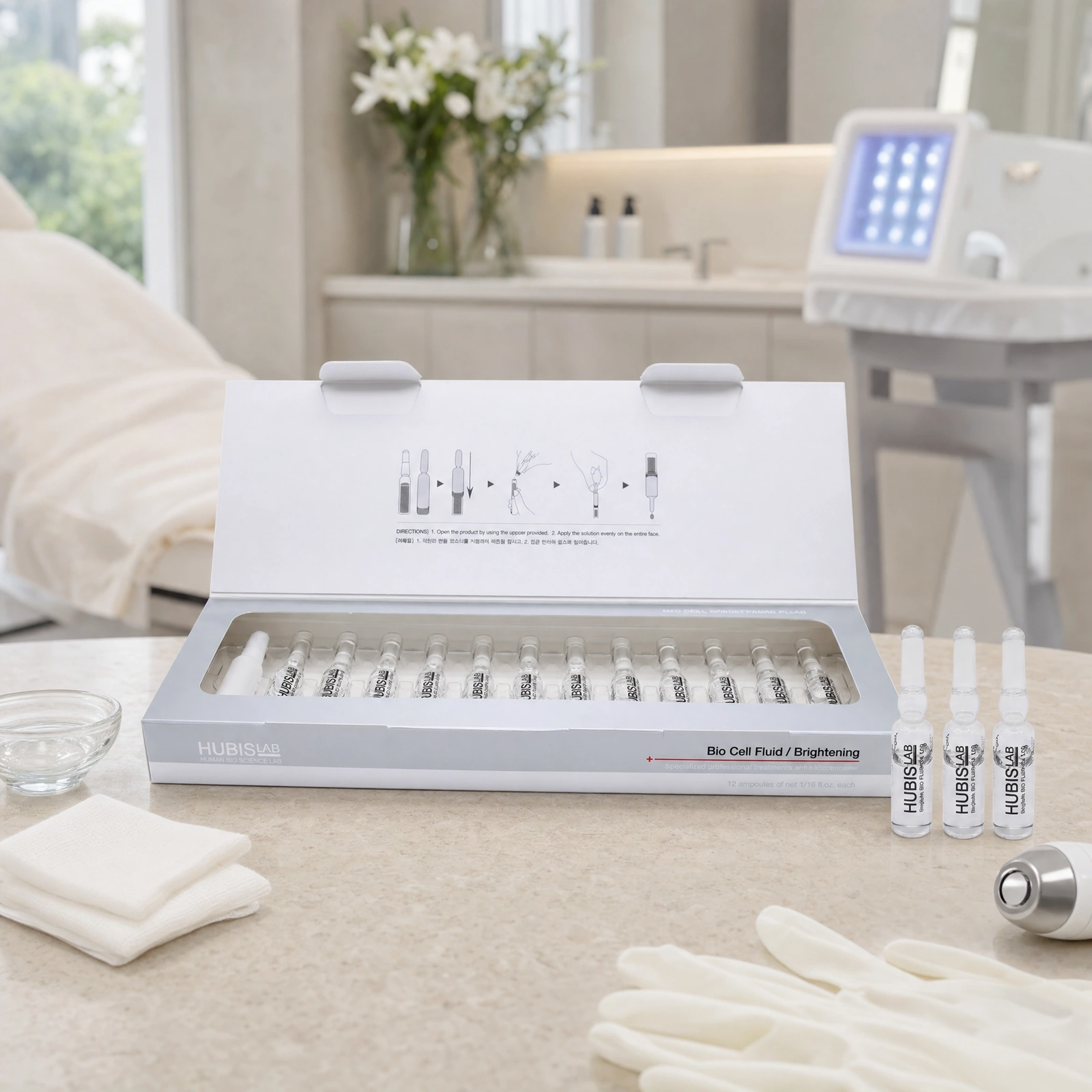 Hubislab Bio Cell Brightening Fluid 12 x 2ml displayed in a premium clinical treatment-room setting for brightening ampoule protocols, uneven tone correction and device-assisted skin treatments.