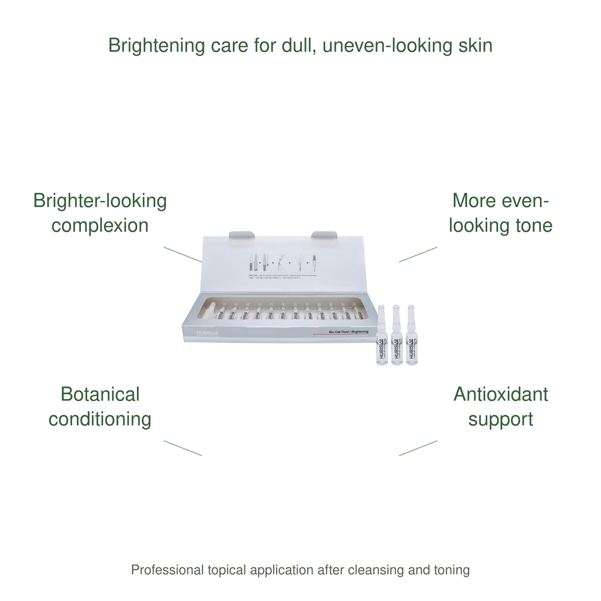 HUBISLAB bio cell brightening fluid benefits: Brighter-looking complexion, More even-looking tone, Botanical conditioning, Antioxidant support.