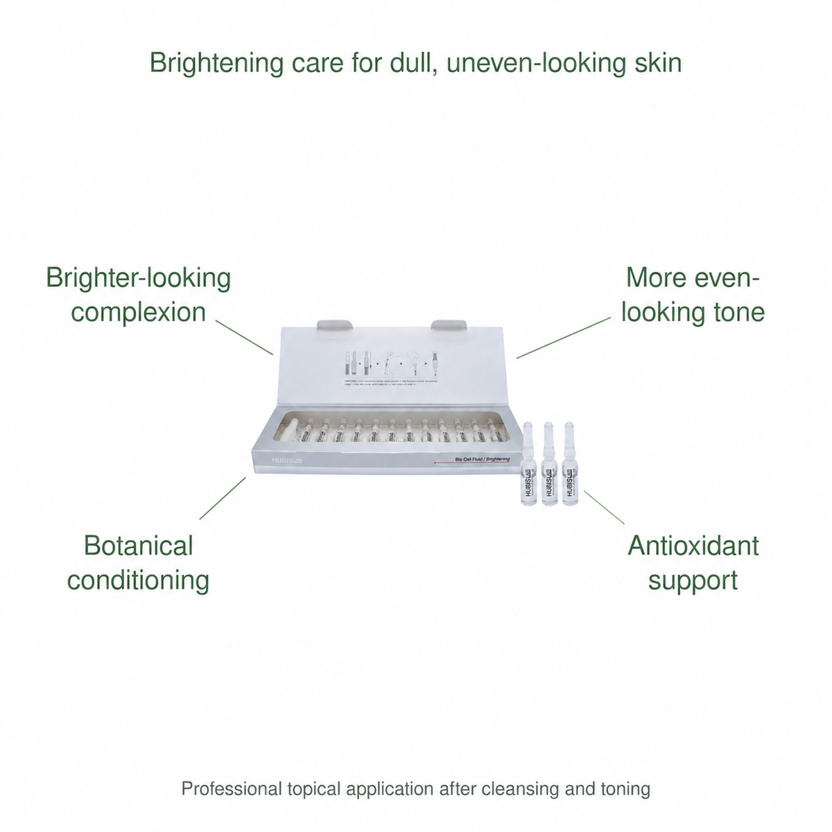 HUBISLAB bio cell brightening fluid benefits: Brighter-looking complexion, More even-looking tone, Botanical conditioning, Antioxidant support.