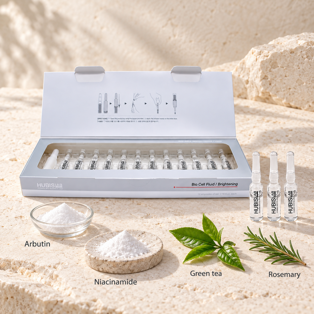 HUBISLAB bio cell brightening fluid with an illustrative ingredient composition labelled Arbutin, Niacinamide, Green tea, Rosemary.