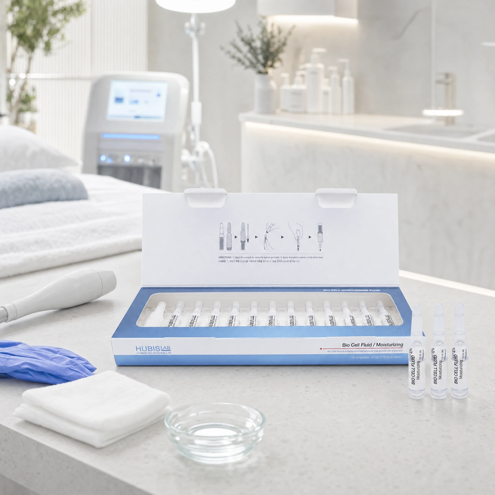Hubislab Bio Cell Moisturizing Fluid 12 x 2ml displayed in a premium clinical treatment-room setting for hydrating ampoule protocols, barrier repair and post-procedure recovery.