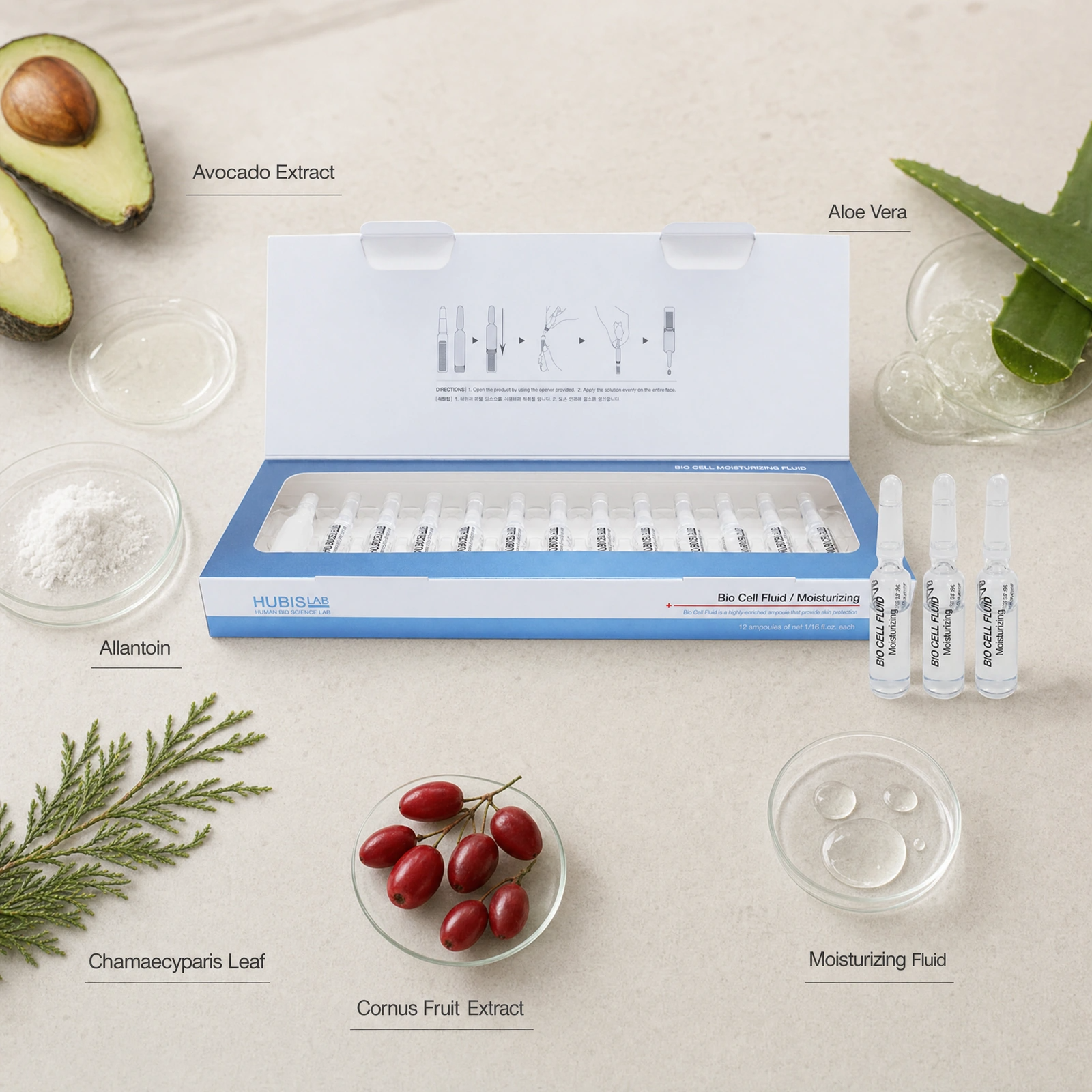 Hubislab Bio Cell Moisturizing Fluid 12 x 2ml ingredient flatlay with Avocado Extract, Aloe Vera, Allantoin, Chamaecyparis Leaf, Cornus Fruit Extract and Moisturizing Fluid.