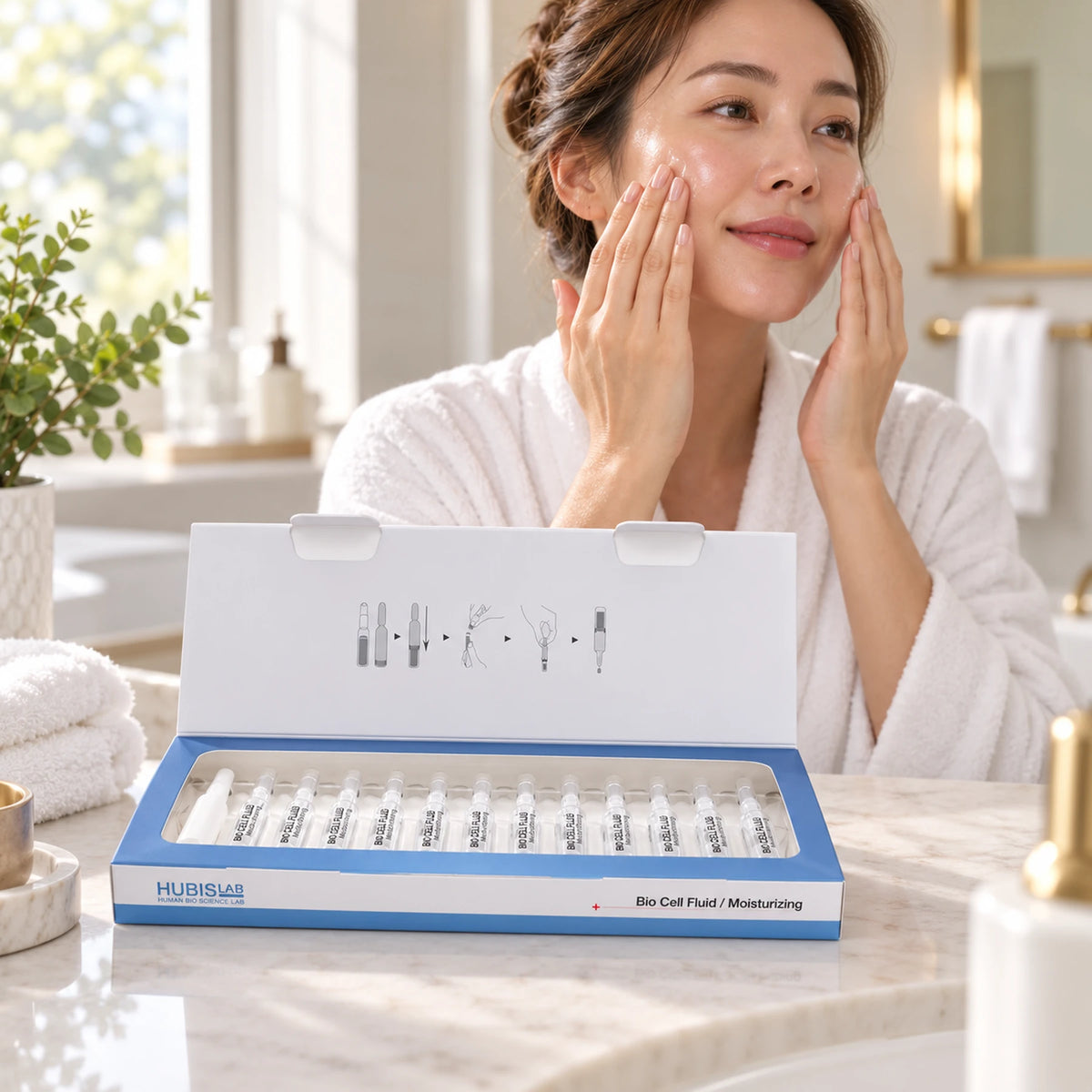 Client pressing hydration care onto her face beside a box of HUBISLAB Bio Cell Moisturizing Fluid ampoules.