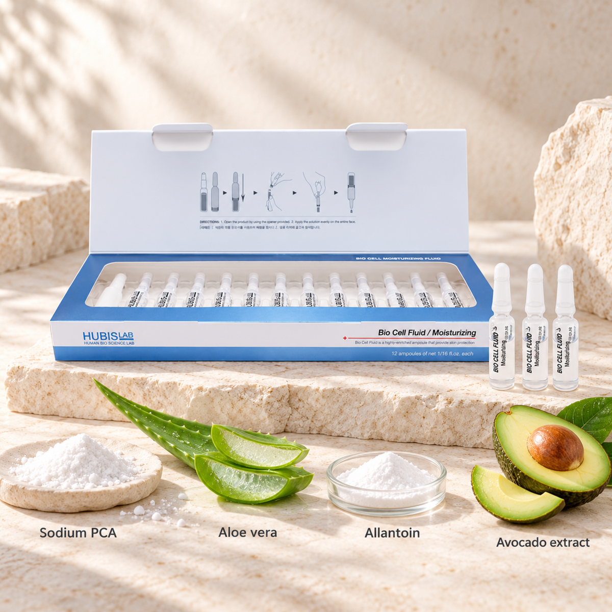 HUBISLAB bio cell moisturizing fluid with an illustrative ingredient composition labelled Sodium PCA, Aloe vera, Allantoin, Avocado extract.