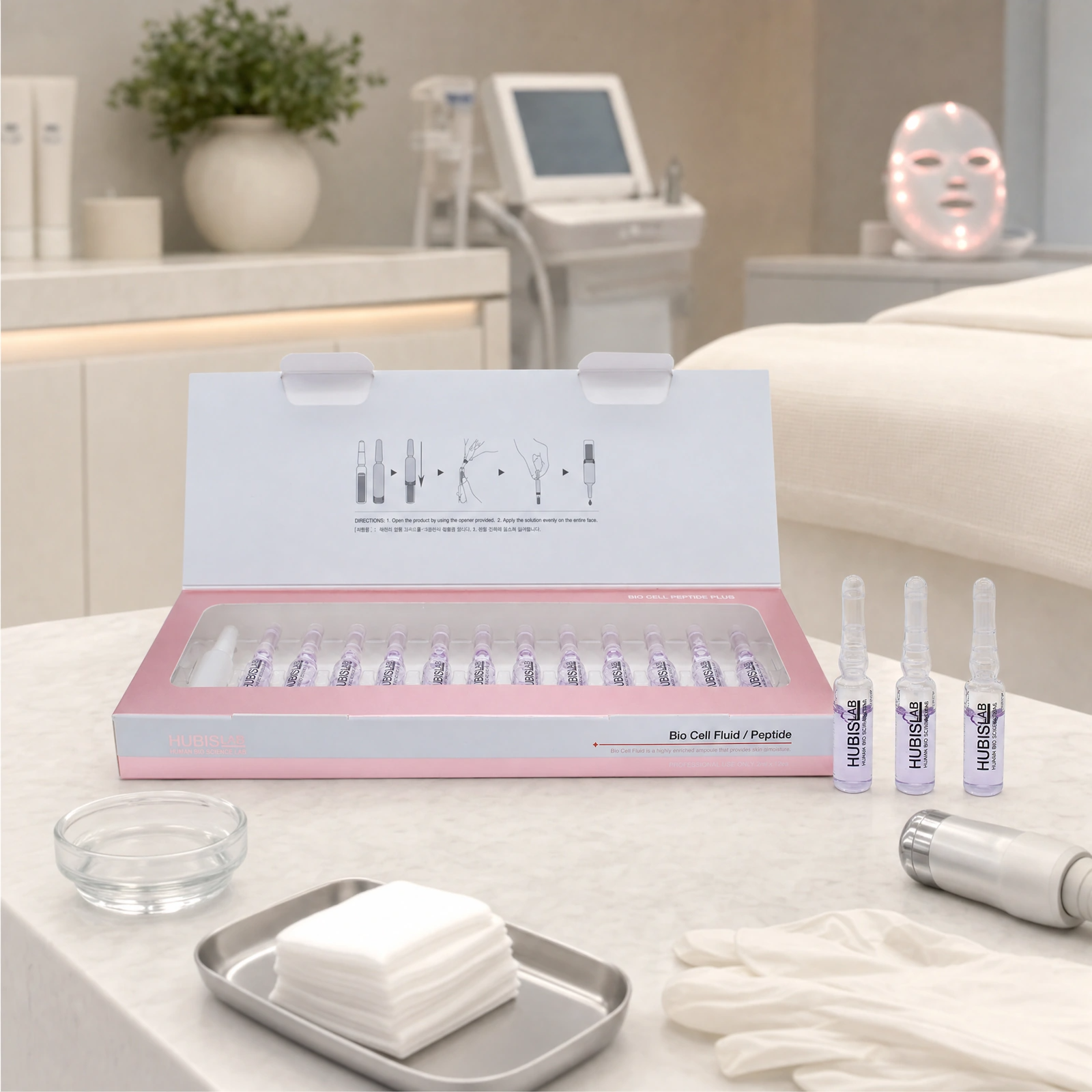 Hubislab Bio Cell Peptide Fluid 12 x 2ml displayed in a premium clinical treatment-room setting for anti-ageing ampoule protocols, post-treatment rejuvenation and device-assisted skin treatments.