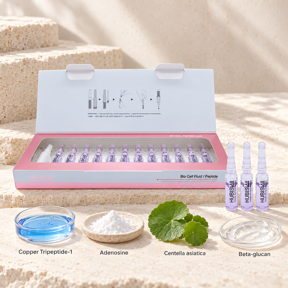 HUBISLAB bio cell peptide fluid with illustrative selected ingredients: Copper Tripeptide-1, Adenosine, Centella asiatica, Beta-glucan.