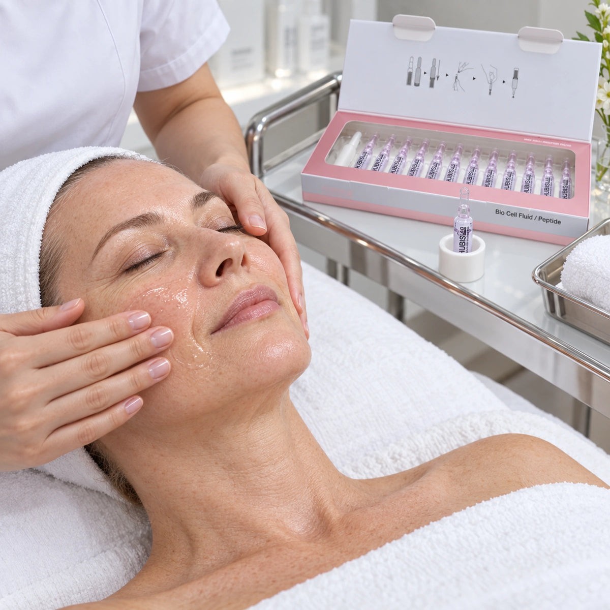 Therapist applying Bio Cell Peptide Fluid topically, with the 12 x 2 ml presentation shown.