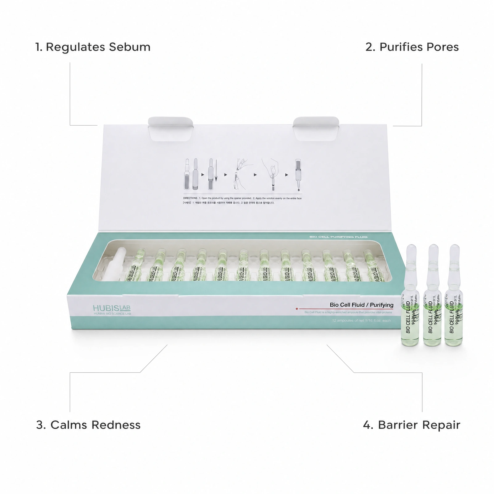 Hubislab Bio Cell Purifying Fluid 12 x 2ml professional ampoule set with benefit callouts for regulating sebum, purifying pores, calming redness and barrier repair.