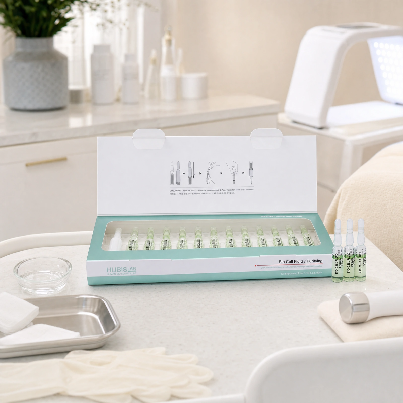 Hubislab Bio Cell Purifying Fluid 12 x 2ml displayed in a premium clinical treatment-room setting for purifying ampoule protocols, oily skin balancing and acne-prone skin treatments.