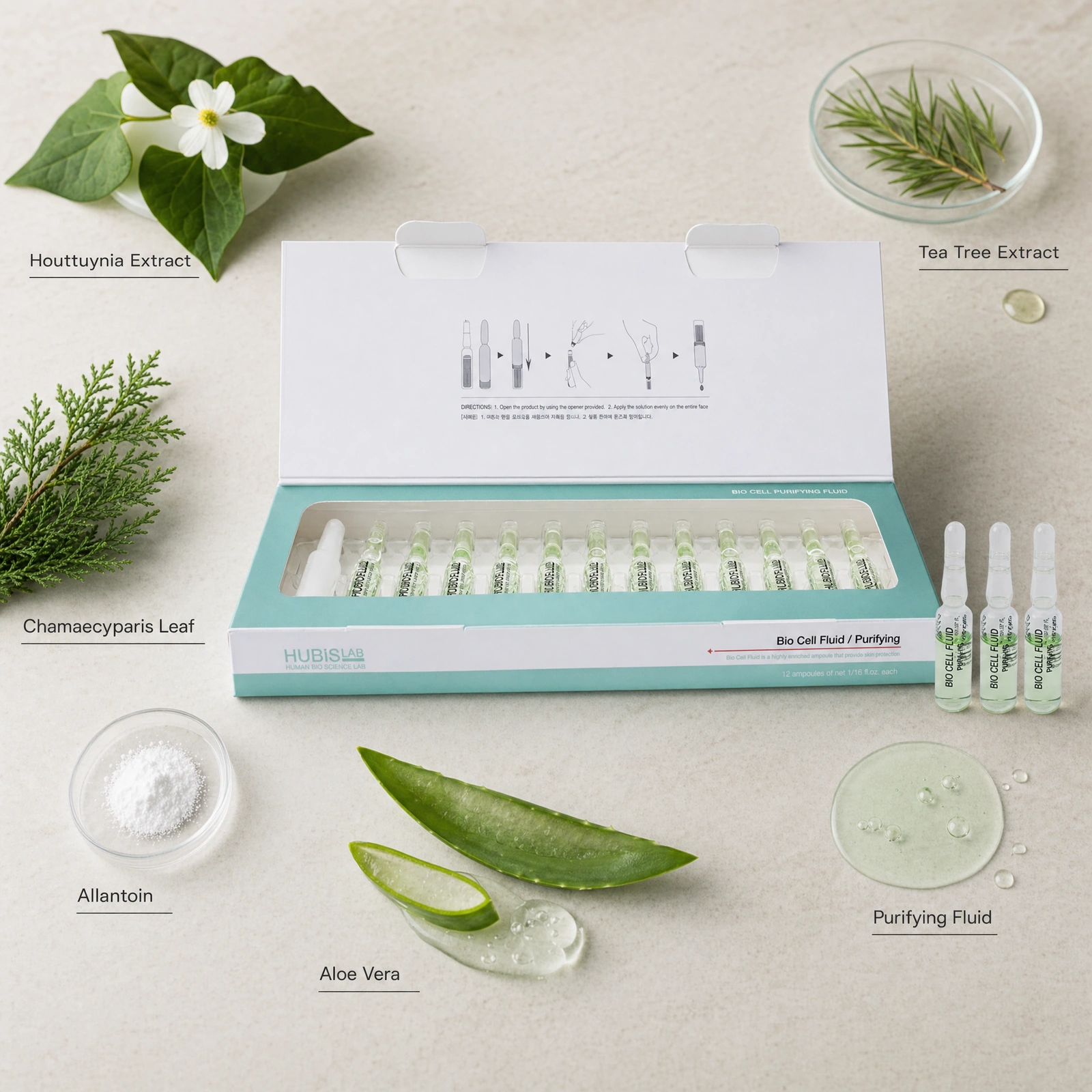 Hubislab Bio Cell Purifying Fluid 12 x 2ml ingredient flatlay with Houttuynia Extract, Tea Tree Extract, Chamaecyparis Leaf, Allantoin, Aloe Vera and Purifying Fluid.
