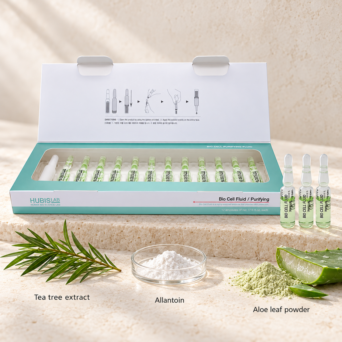 HUBISLAB bio cell purifying fluid with an illustrative ingredient composition labelled Tea tree extract, Allantoin, Aloe leaf powder.