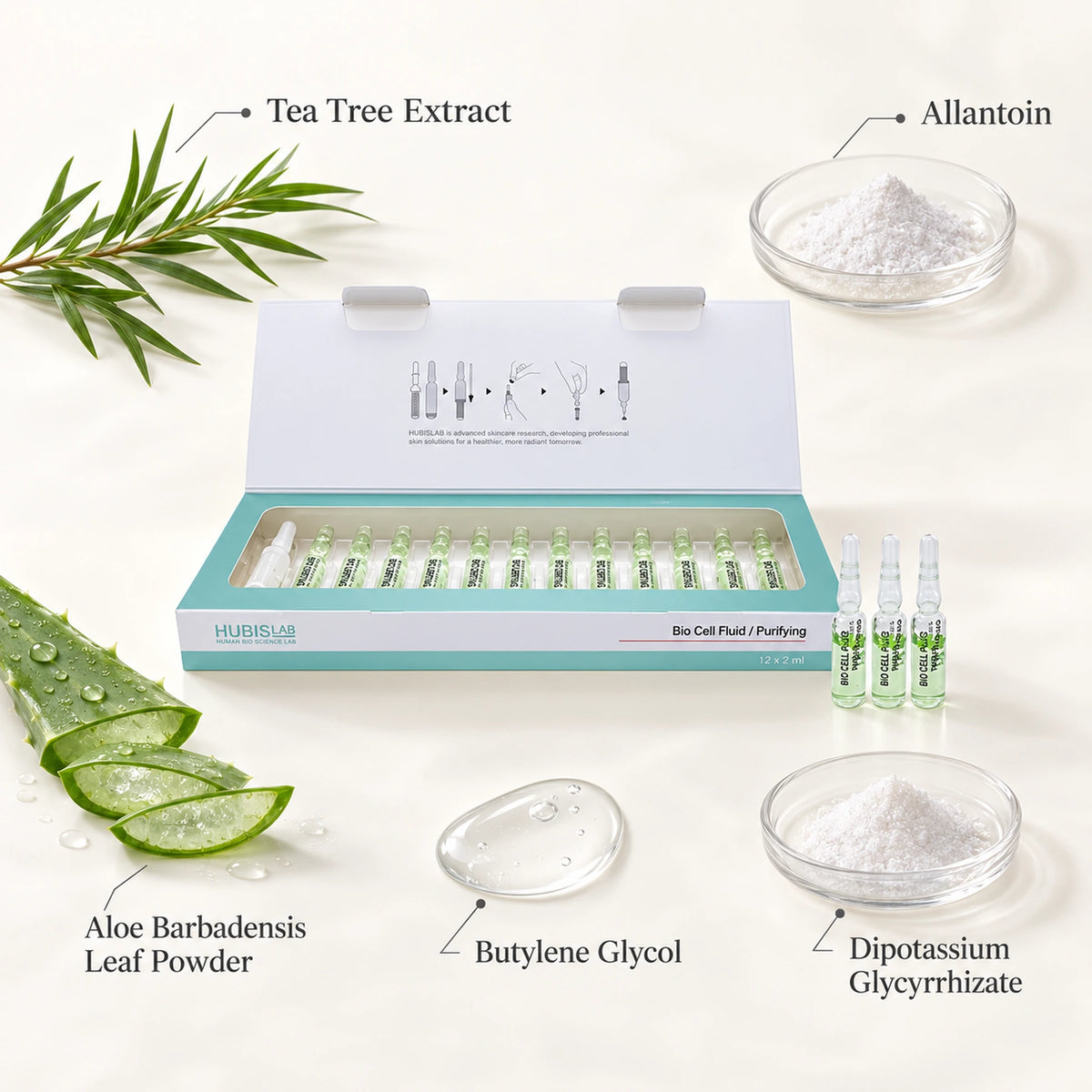 Bio Cell Purifying Fluid with selected listed ingredients including tea tree extract, allantoin and aloe leaf powder
