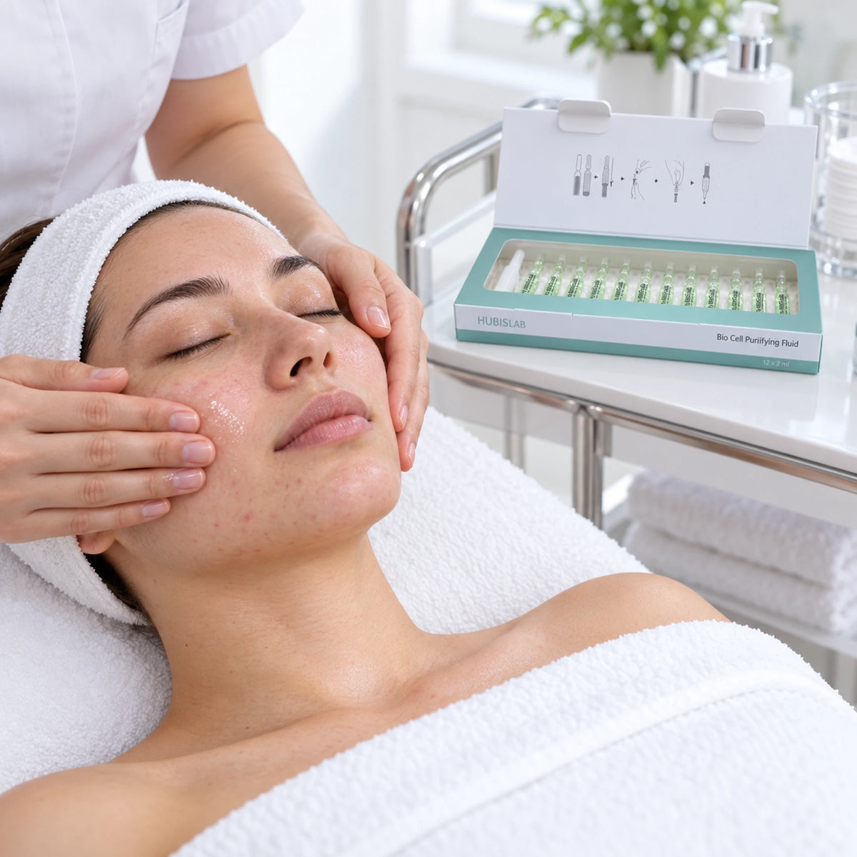 Therapist pressing a clear fluid into the skin beside the Bio Cell Purifying Fluid presentation