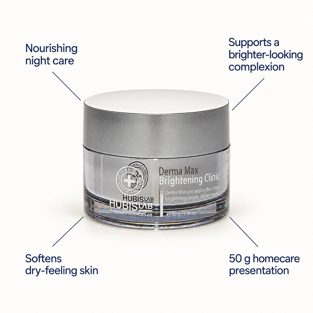 HUBISLAB Brightening Clinic 50 g night cream with nourishment, brighter-looking complexion and softening benefit callouts.