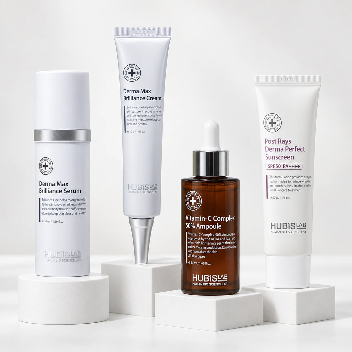 Separate HUBISLAB retail homecare selection: Brilliance Serum 50 ml, Brilliance Cream 40 g, Vitamin-C Ampoule 50 ml and Derma Perfect Sunscreen 50 g.