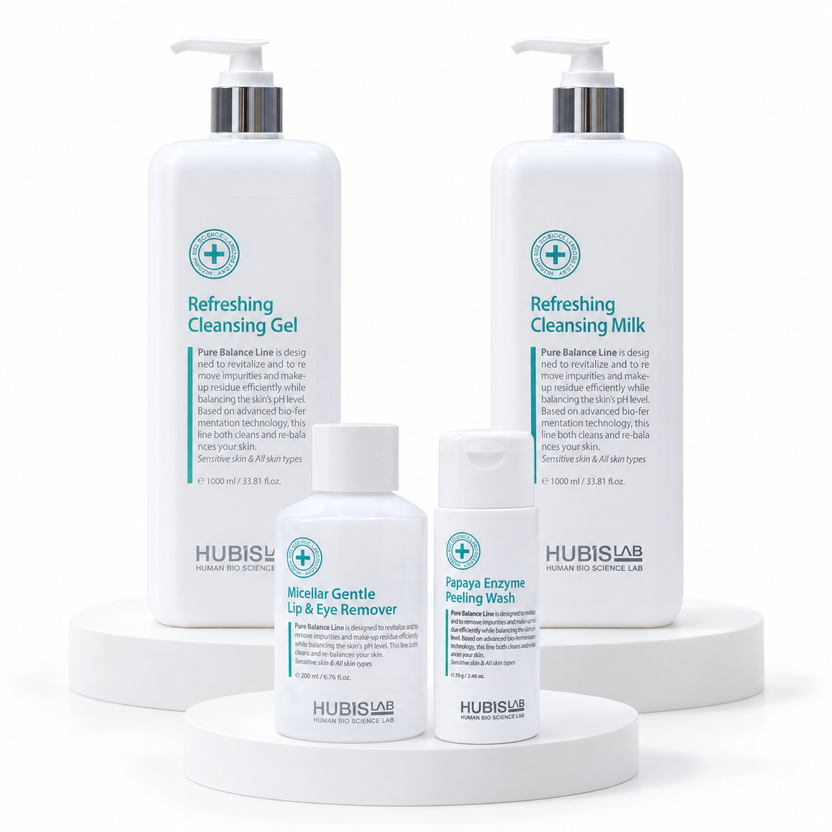 HUBISLAB Brightening Skin Treatment preparation products: Micellar Remover 200ml, Papaya Enzyme Wash 70g, Cleansing Gel 1000ml and Cleansing Milk 1000ml.