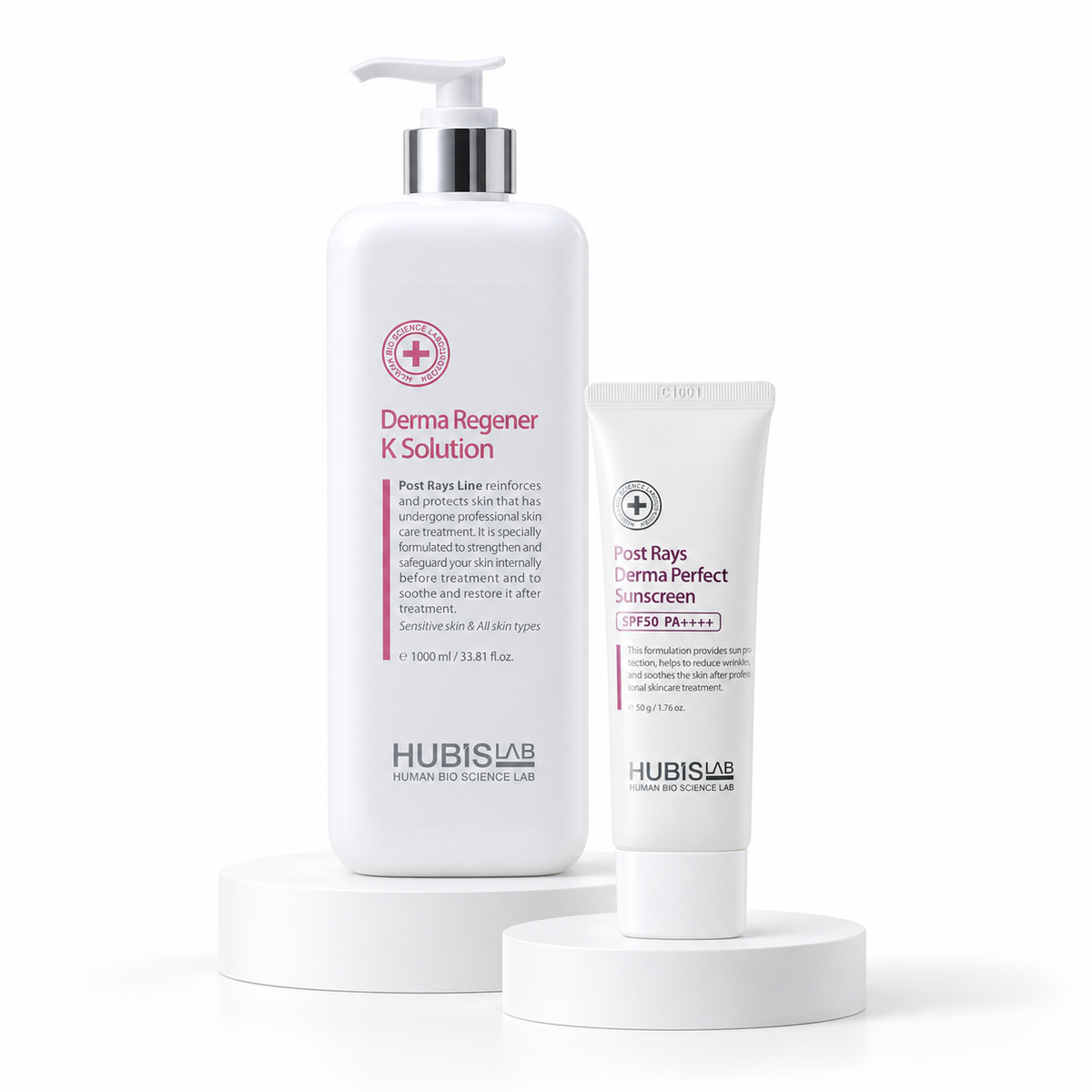 HUBISLAB Brightening Skin Treatment finishing products: Derma Regener K Solution 1000ml and Derma Perfect Sunscreen SPF50 PA++++ 50g.