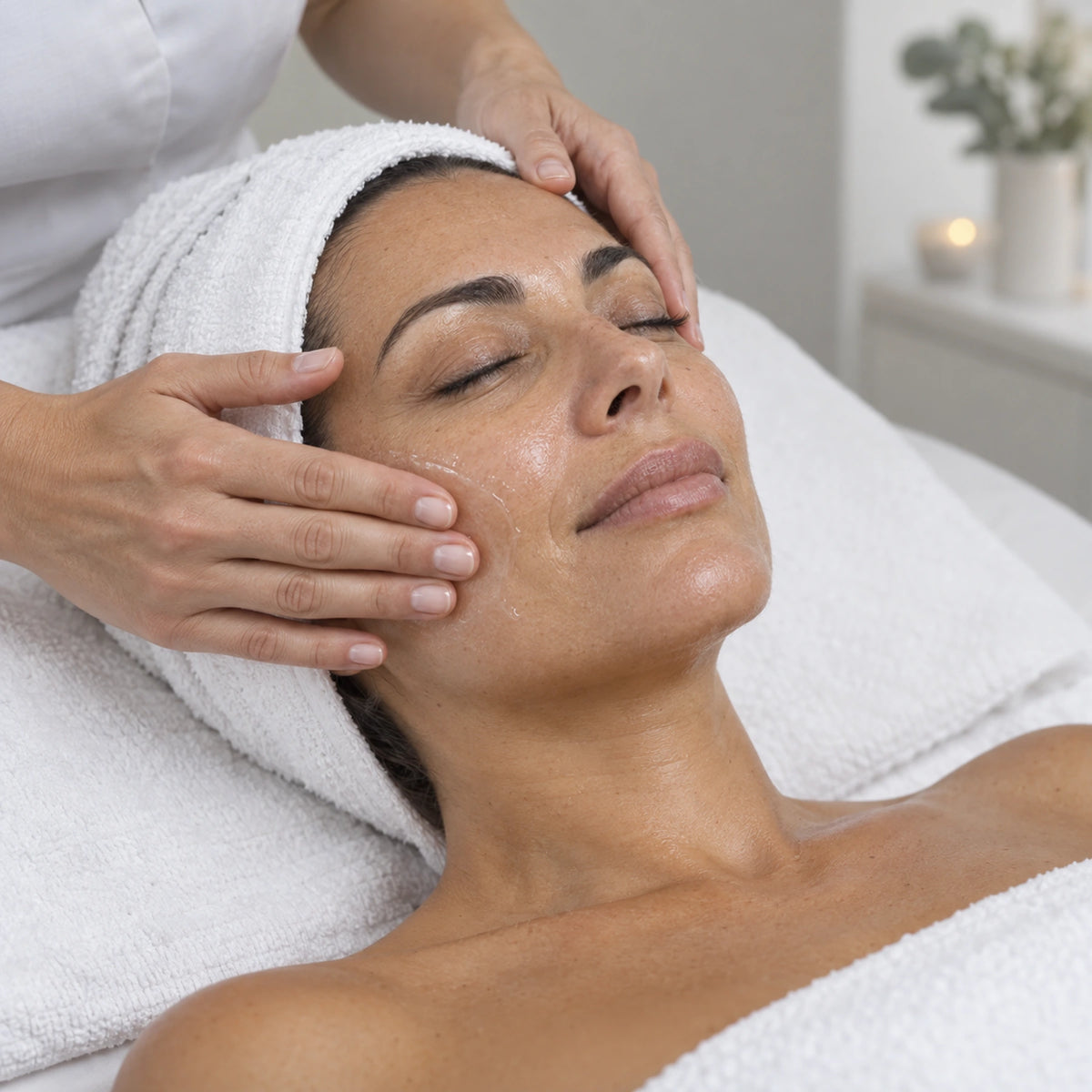 Therapist hands gently applying serum to an adult client's cheek during a professional facial.