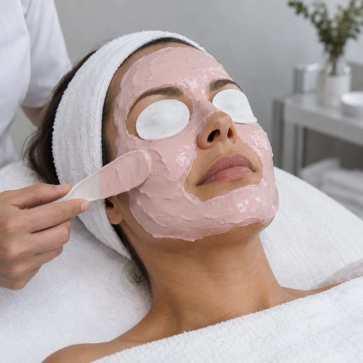Professional modelling-mask application with eye pads and clear nose and mouth.