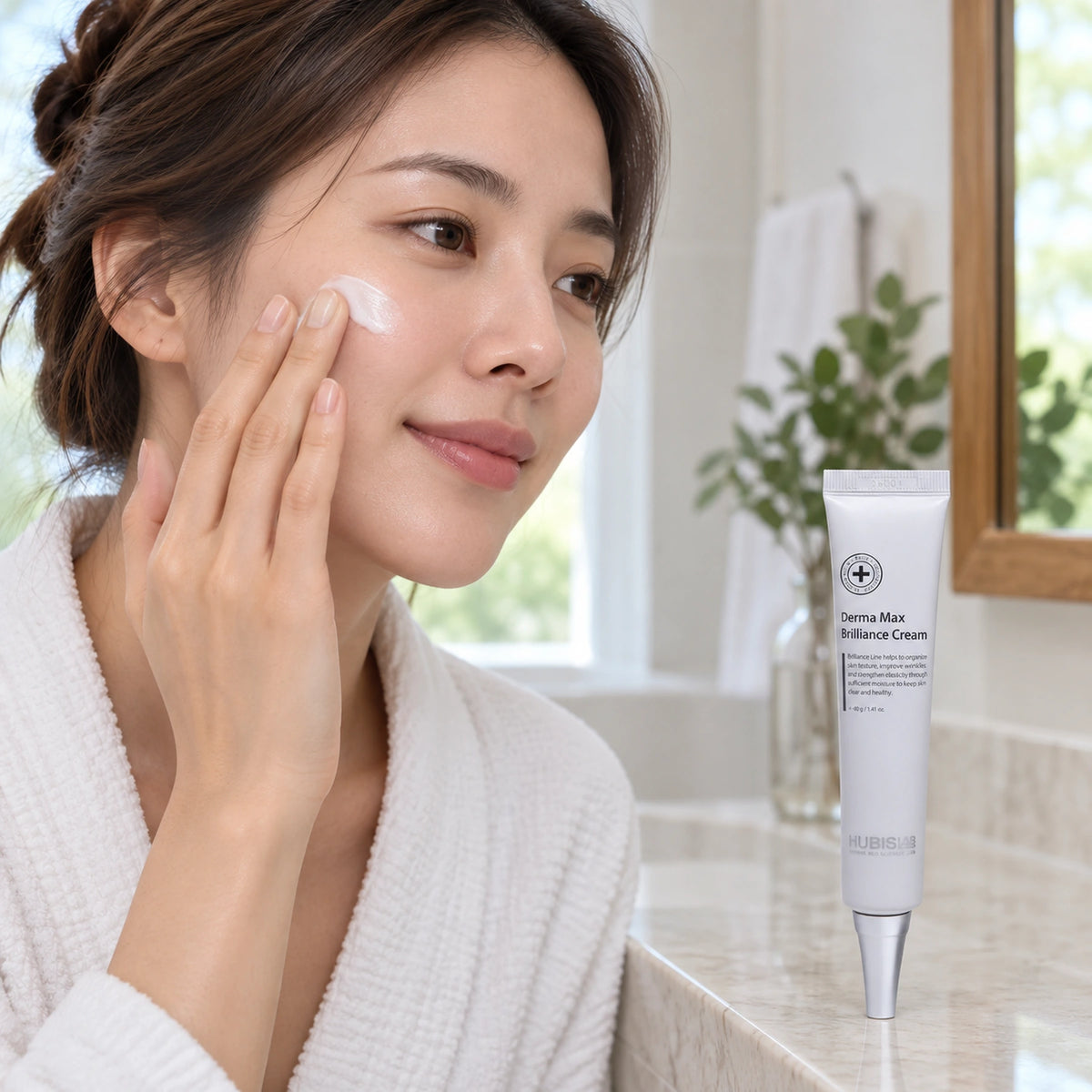 Adult client applying cream at home beside HUBISLAB Brilliance Cream 40 g retail tube.