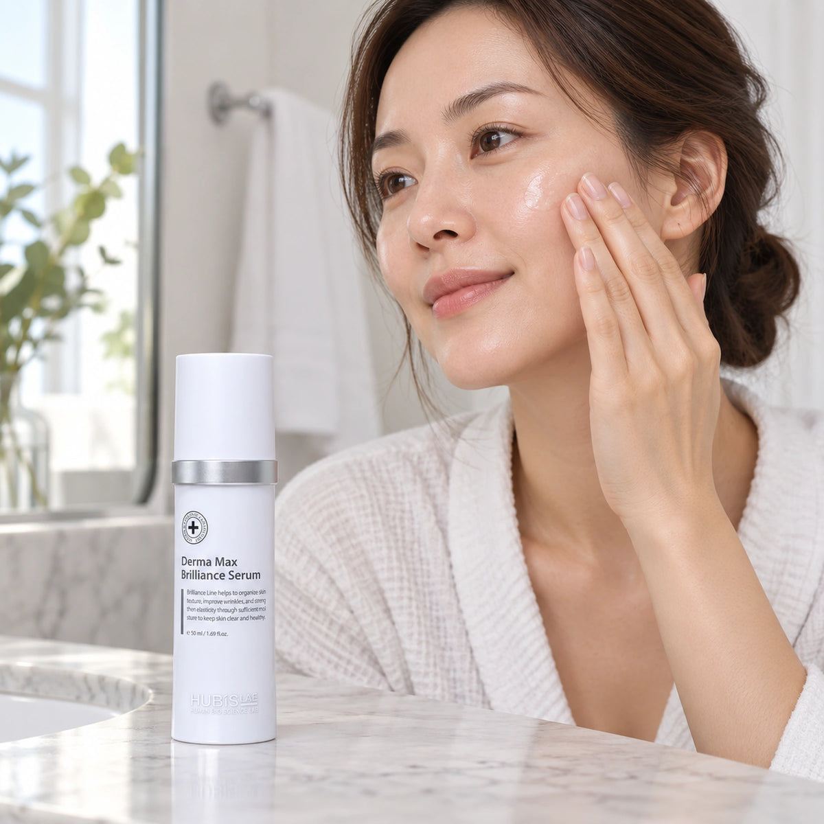 Adult client patting on serum, with HUBISLAB Brilliance Serum 50 ml retail packaging.